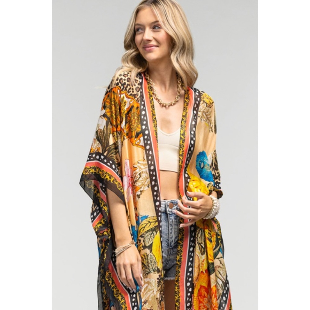 SOLD OUT Milan Colorful Leopard Animal Print & Floral Border Kimono Wrap Coverup - Picture 4 of 15